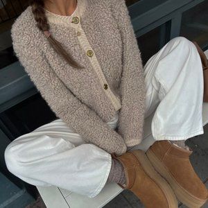 Beige Teddy Bear Fuzzy Cardigan Sweater Jacket S